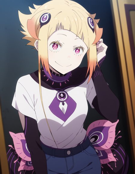 score_9, score_8_up, score_7_up, source_anime, <lora:capella-emerada-lugunica-s3-p1-ponyxl-lora-nochekaiser:1>, capella emerada lugunica, short hair, blonde hair, hair ornament, pink eyes, multicolored hair, gradient hair,, shirt, t-shirt, white shirt, pants, denim pants,, tunnel, dark, underground, passage, walls, smile, <lora:tucking-hair-ponyxl-lora-nochekaiser:1>, tucking hair, adjusting hair, hand on own hair, hair behind ear,, looking at viewer, solo,, dutch angle, cowboy shot