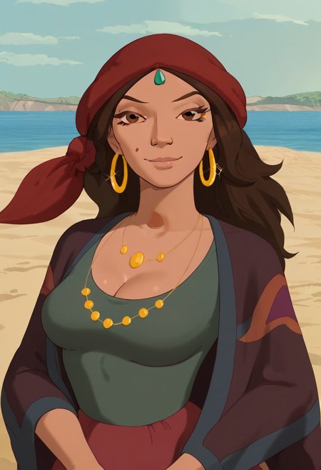 score_9, score_8_up, score_7_up, 1girl, solo, lul4dzh4, dark skin, dark-skinned female, brown hair, long hair, brown eyes, makeup, mole, hoop earrings, forehead jewel, bandana, shawl, necklace, green shirt, cleavage, seductive smile, bedroom eyes, looking at viewer, upper body,