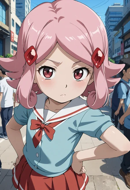 <lora:Hyper-SDXL-8steps-lora:1> <lora:Fixhands_anime_bdsqlsz_V1:1> zPDXL2, score_9, score_8_up, score_7_up, source_anime, intricate details, perfect anatomy BREAK
outdoors, city, tokyo, japan, audience, crowd, looking at viewer, upper body,  hand on own hip,  perspective ,pointing at viewer, dynamic angle, from side, Stoic, Expressionless face with a neutral mouth and a neutral gaze., 1girl, solo, solo focus, 
<lora:PAD-uzuki_sakura_XL(pony)v10:1> PAD-sakura, pink hair, medium hair, red eyes, hair ornament, PAD-sakura outfit, aqua dress, sailor collar, red skirt, black socks, white shoes,