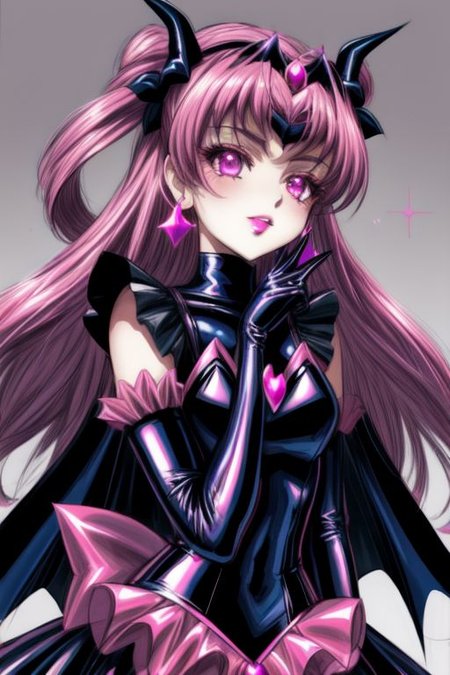 evil corrupted young princess wearing dark pastel (ruffled:1) (gleaming latex:1) EvlSM DarkPrecure Bad_End_Precure gown with (long latex cape:1) and latex elbow bridal gauntlets, (Perfect Face:1), soft lighting, glossy red lips, ruffles,
<lora:more_details:1>