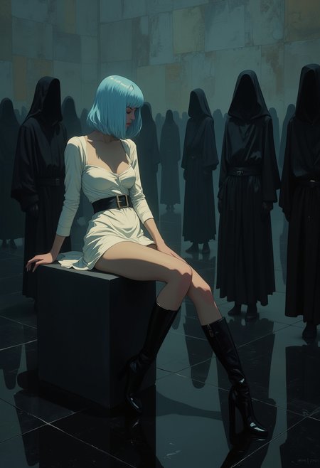 in the style of cksc, masterpiece,best quality, very aesthetic, absurdres 
 by Stephen Shore, by Christopher Balaskas, by Jerzy Duda-Gracz , aesthetic, harmonic, artistic, creative, esthetic. .
.  Surreal digital painting, inspired by Alphonse Mucha's Art Nouveau style, Endless dark room, black mirrored floor.
, a woman with light blue hair. (modest white one-piece dress),  black belt, Heavy black boots. , wide hips.  Sitting on a dark matte cube,  leg on leg. 
 In the background there are black shadows of people fully dressed in black hooded robes without faces.
,,. .

.,, hyperrealistic, 4K ,.,

 Otherworldly atmosphere.
(Depth of field), low saturation,detail. 