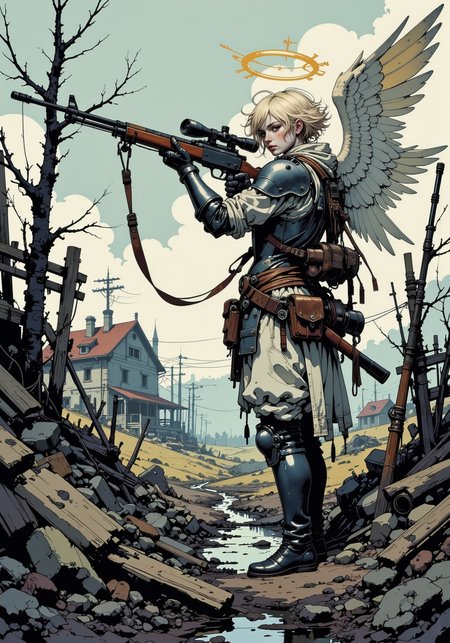 A digital artwork in the style of cknc,, sftsrv style illustration, A detailed digital illustration of, a war-torn countryside defense featuring an angel with pale skin and short, tousled ash-blonde hair, wearing lightweight silver plate armor over a white gambeson, standing in a muddy trench while aiming a scoped bolt-action rifle; her wings are spattered with mud yet still shimmer faintly in the overcast daylight, and her golden halo provides a soft glow that pierces through the thick, swirling fog; the trench is surrounded by broken earth, shattered wooden barricades, and the charred remains of once-thriving farmland, while faint artillery fire echoes in the distance, adding a haunting tension to the desperate scene<lora:Illustration concept variant 2.safetensors:1.0:1.0> <lora:ck-nc-pastel-cyberpunk.safetensors:1:1> <lora:flux_dev_softstyle_araminta_k.safetensors:1:1>