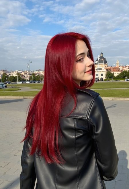 The image is a high-resolution photograph of a young woman KTNK with striking, long, straight, vibrant red hair, standing outdoors on a sunny day. She has fair skin and a slender physique, with a youthful, radiant smile. Her hair cascades down her back, reaching past her shoulders. She is wearing a black leather jacket, which appears to be a casual, stylish choice for the warm weather. The background features a picturesque urban scene with a mix of modern and traditional architecture.