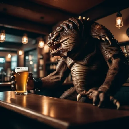 cinematic photo a full body portrait monster, claws, sharp teeth, having a beer in a pub  <lora:Rancor1024:0.8> . 35mm photograph, film, bokeh, professional, 4k, highly detailed