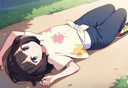 (solo), solo, 1Selene_(Pokemon), girl,grey_eyes, black_hair, medium_hair, flat_chest, yellow_shirt, tied_shirt, undershirt, floral_print,lying on the ground,white pantys, face down, smiling, score_9, score_8_up, score_7_up, score_6_up, score_5_up, score_4_up,