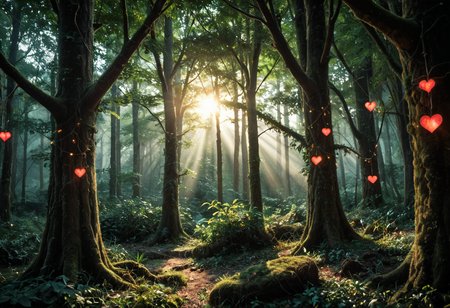 (Whispering Woods), ancient forest, canopy of leaves, dappled sunlight, fairy lights, enchanted mist, 
(romantic cozy setting:1.24), (heart decorations:1.2),  fantasy, nature, mystical, serene, seclusion,(Window light, soft, natural light streaming through a window, warm, inviting, capturing the play of light and shadow on the subject's face),p8<lora:sdxl\oldPhoto_v1.0.safetensors:0.86:0.18> <lora:sdxl\add-detail-xl.safetensors:0.88:0.10>  
<lora:sdxl\cfg_scale_boost.safetensors:0.51:0.10>, 
p8,s8