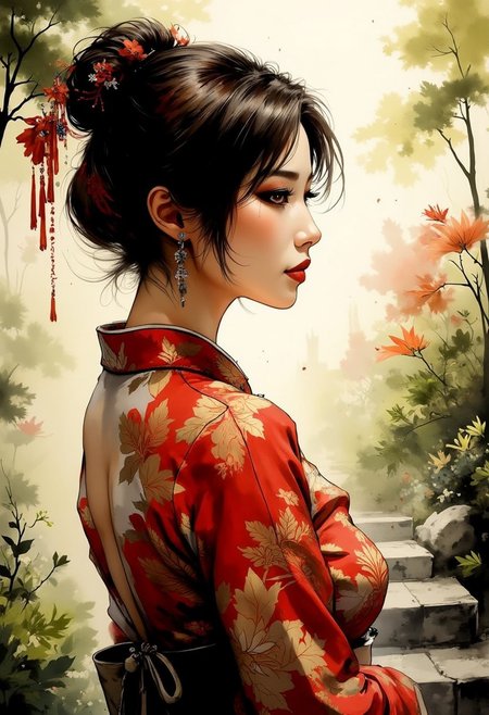 A dinkfsn style ink wash painting, Silhouette Art, magnificent, closeup portrait of stunning japanese woman, gold and red cheongsam,  standing in formal Japanese garden, dappled sunlight