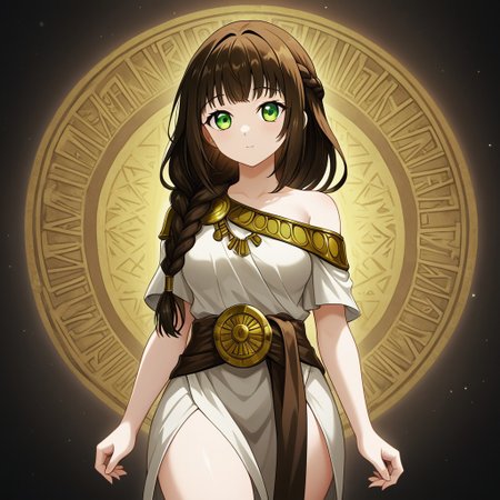rh34, brown hair, long hair, choppy bangs, high braid, green eyes, medium breasts, ancient greek clothes, plain toga, shoulder broach, one side off-shoulder,