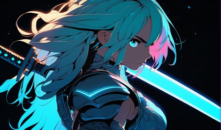 sword focus, masterpiece, best quality, 1girl, solo, futuristic, holding sword, intricate, over the shoulder, looking at viewer, black background, simple background, glow in the dark, sci-fi, multicolored hair, aqua eyes, warrior