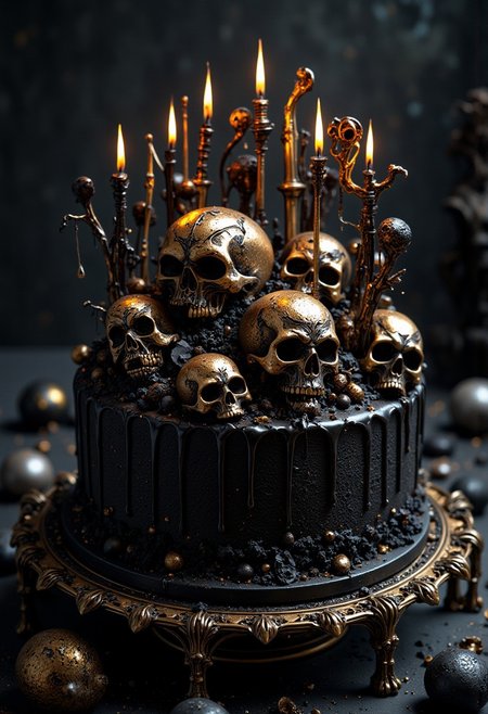 Gothicpunk  black velvet cake, golden skulls on top, black icing, candles in the shape of skeletons, graveyard, ultra HD, magical realism, ultra fine details, cinematic, fantasycore, volumetric lighting, epic composition, grimdark, ,breathtaking borderland fantasycore artwork by Android Jones, Jean Baptiste monge, Alberto Seveso, James Jean, Jeremy Mann, maximalist highly detailed and intricate professional photography, a masterpiece, 8k resolution concept art