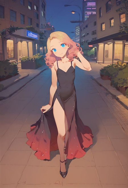 score_9, score_8_up, score_7_up, score_6_up, vivid, vivid colors, colorful, eye catching, rating_explicit, BREAK, cute girl, (adorable girlfriend) (sister), (flat chest), (long legs), (wide hips:0.5), curly hair, blue eyes, blonde to pink hair color gradient, high heels, stilettos, high slit dress, black evening gown, sheer tights, outdoors, Manhattan, Greenwich Village, nighttime, at night, date with your beautiful girlfriend, loving, sweet, (smile:0.5), from above,