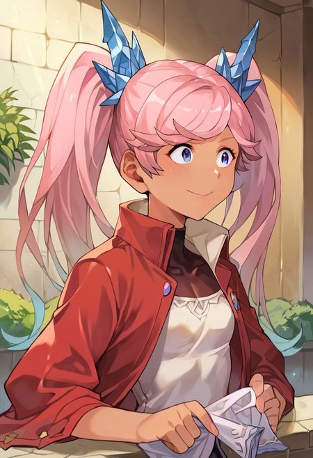 score_9, score_8_up, score_7_up, score_6_up, score_5_up, score_4_up, source_anime, indoors, b
(masterpiece, best quality), fcDetailPortrait, solo, 1girl, iogbfbase, twintails, small breasts, dark skin, 
iogbfdress, hair ornament, pleated skirt, red pants, puffy sleeves, red coat, 1girl, solo, Pink hair, outdoors, cafe, light smile, sitting,(((lustrous skin:1.5,bright skin: 1.5,skin,shiny skin,very shiny skin,shiny body,plastic glitter skin,exaggerated shiny skin,illuminated skin))),(detailed body,(detailed face)),