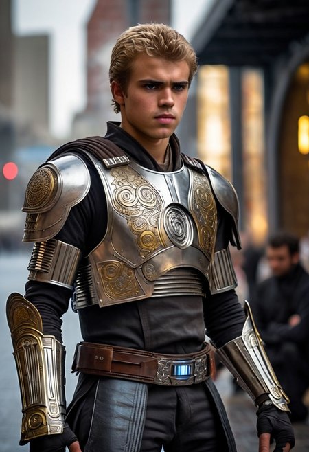 Anakin Skywalker, 18-years old, (((full-body))), blonde hair, bracers armor, jedi armor, wide shot, (((full body)), street, Breathtaking, 8k resolution, extremely detailed, beautiful, establishing shot, artistic, hyperrealistic, ultra realistic render, extremely fine details, like-like render, cinematic lighting, dramatic volumetric lighting, masterpiece, light brazen, extremely detailed and beautiful face, 150mm, HDR10 <lora:Wowifier:0.69> <lora:Details:0.85>, starwars, in heavy raining futuristic  rooftop cyberpunk night, sci-fi, fantasy, intricate, very very beautiful, elegant, neon light, highly detailed, concept art, soft light, hdri, smooth, sharp focus