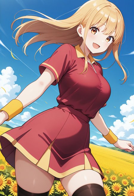 ruriko, brown eyes, blonde hair, long hair, yellow wristband, red shirt, short sleeves, red skirt, black thighhighs, zettai ryouiki, <lora:ruriko_illustrious_ver1:0.8> 
smile,, masterpiece, best quality, general,, 1girl, solo, (field:1.2), (blue sky:1.2), looking at viewer,, (cowboy shot, dynamic pose:1.4),