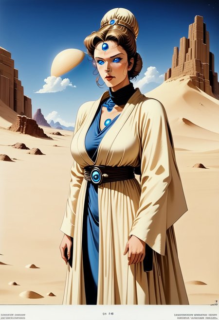 masterpiece, best quality, amazing quality, very aesthetic, high resolution, ultra-detailed, absurdres, solo, ladyj3ssic4, blue eyes, robe, mature female, breasts, hair bun, desert, sand, colored sclera, blue sclera, vintage art style, western comic style, science fiction, retro style,