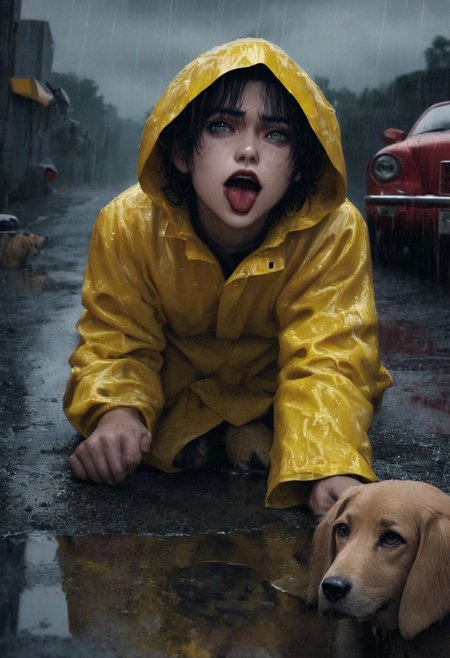 doggie1, perfecteyes, PacificNorthwest, hyperrealistic,  8k, gorgeous faint red lips, tongue hanging out, panting, dog sits next to a puddle, wears dirty yellow rain coat, puddle reflects dog, background run down car graveyard, moon inthe sky peeking through clouds, rainy, gloomy