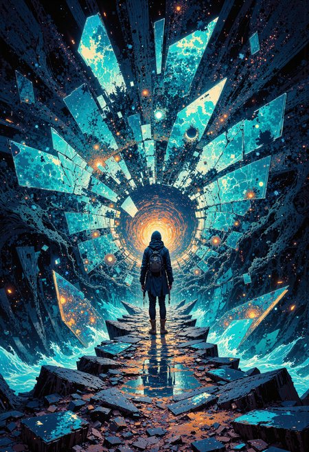 masterpiece, high-quality, hyperdetailed, refined details, best quality, high resolution, A solitary figure stands at the edge of a cracked glass ocean, each fractured pane revealing different, dreamlike undersea visionsâancient shipwrecks, vibrant reefs, swirling galaxies. Shards glimmer with refracted light, symbolizing fragmented memories. The figureâs eyes brim with nostalgic sorrow, their breath misting in the cool, ethereal twilight, <lora:FLUX\Anime v1.3:0.5> <lora:FLUX\FLUX-daubrez-DB4RZ:0.3> <lora:FLUX\VividlySurrealOrigin:0.6> <lora:FLUX\DarksunRiddV4:0.4>