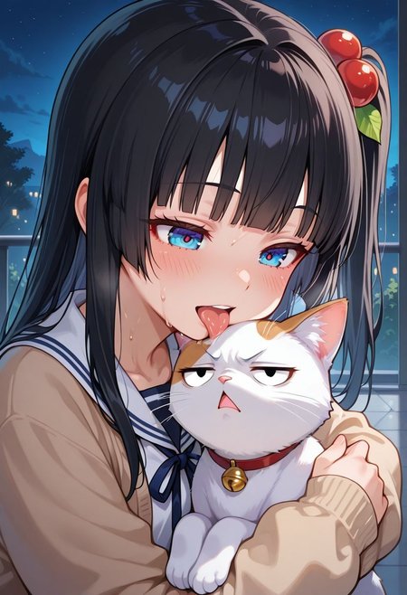 half-closed_eyes,1cat,
1girl,sulking,angry,chestnut_mouth,triangle_mouth,jitome,empty eyes,