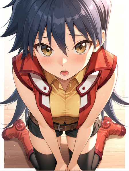 saotome rei, 1girl, duel academy uniform \(yu-gi-oh! gx\), solo, blush, red knee boots, open mouth, black thighhighs, from above, kneeling, white background, looking at viewer, red vest, simple background, yellow sleeveless shirt, black shorts, brown belt, white border,
masterpiece,best quality,amazing quality,very aesthetic,absurdres,newest,scenery,extreme detail,8k,light particles,soft lighting,volumetric lighting,intricate details,finely detailed,detailed eyes,<lora:Saotome Rei illusXL v1:0.73>,