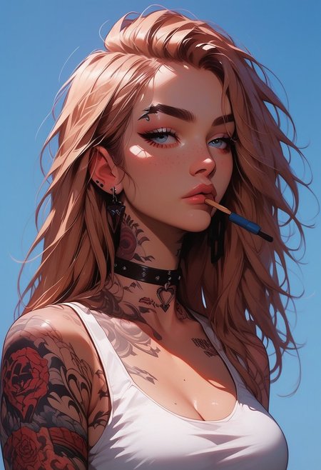 Score_9, Score8_up, Score_7_up, (((High Resolution, Best Quality))), Covered in Tattoos, brushing hair behind ear, 
Tanktop, cutoff, choker,