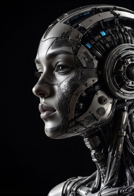 A striking mechanical portrait of a beautiful face from the future, rendered entirely in black and white, glows in a pitch-dark room. The design is a fusion of synthetic elegance and cold machine precision—metallic textures and fine circuit-like patterns replacing human skin, yet retaining an undeniable beauty. High-contrast lighting outlines the contours sharply, casting deep shadows that emphasize the artificial structure. There’s no ambient light, only sculpted highlights that carve the face out of darkness. Occasionally, thin streaks of electric blue seep through mechanical seams, hinting at the energy pulsing beneath the surface—like a ghost of emotion in a synthetic being.
