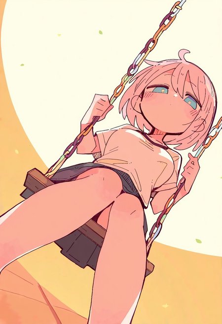 realistic, oharu-chan, akai sashimi, massakasama, masterpiece, highres, absurdres, newest, year 2024, year 2023, safe general,
perspective,  (dutch angle:1.1), foreshortening, small,  
solo, (relaxing:1.1), 
detailed background,  sunbeam, (sidelighting:1.2), 1girl,
Sitting on a swing, carefree mood, swinging gently, playground setting, golden hour light, from the front. Clothing: Playful T-Shirt, Casual Skirt. dynamic light, warm tones, nostalgic mood, textures of swing and surroundings, joyful childhood essence, vibrant play setting.
<lora:ponyv4_noob1_2_adamW:0.3>, <lora:spo:0.85>,  
<lora:illustrious_noobai_epsilon_pred_1_masterpieces_v1:1.0>,