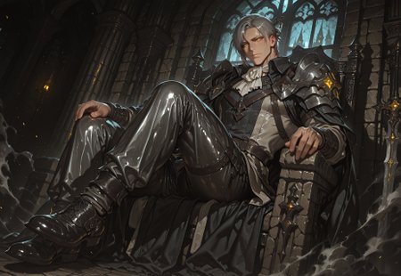 masterpiece, best quality, amazing quality, very aesthetic, absurdres, newest, detailed background, warm and cold mixed light, gothic medieval castle, sitting on throne, seductive atmosphere, background details visible, definition so sharp it cuts latency, Ultra-HD, 8K cinematic, shiny skin, shadow, outdoor, medieval stone walls, stone pillars, gothic aesthetic, moonlight beams through window, mosaic window, faint cold mist swirling across the floor, (floating dust motes:1.5), dynamic pose, seductive seated pose, male focus, mature male, manly, seated pose, dynamic angle, 1boy, tagatamezain, short hair, grey hair, yellow eyes, glowing yellow eyes, looking down at viewer, manly amused expression, hair ornament, hairpin, armor, coat, ascot, cape, pants, shoes, seductive darkness, sharp glow, muted colors, landscape, worm's-eye view

