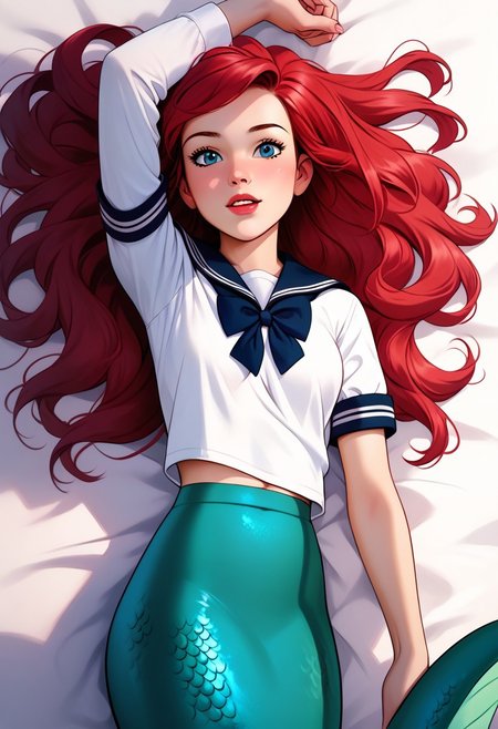 score_9, score_8_up, score_7_up, score_6_up, score_5_up, score_4_up, rating_safe, perfecteyes, nocunoct, 1 girl, underwater, laying on a sandbed, blue eyes, (((school uniform,shirt,))), red long hair, mermaid, mermaid tail, monster girl