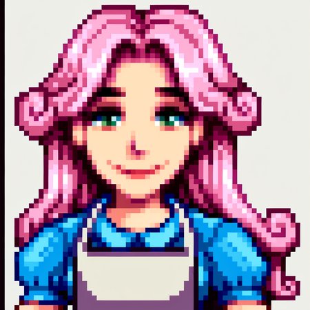 score_9, score_8_up, score_7_up, source_anime, BREAK, solo, 1girl, smile, looking at viewer, <lora:Stardew-Valley-Portraits-pdxl_Fp:1>, portrait, simple background, pixel art, white background, <lora:Ninahm-pdxl_Fp:1>, ninahm, pink hair, green eyes, long hair, blue dress, white apron, puffy sleeves, short sleeves,