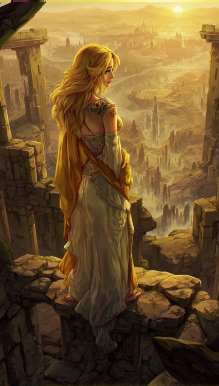 <lora:ck-LttleGhost-000011.safetensors:1> in the style of ck-lttlegh0stA golden-lit illustration of a statuesque blonde woman wearing an ornate gold and jewel-encrusted outfit, standing atop a crumbling stone wall overlooking the ancient city of Eldrador. Her wise blue eyes gaze out upon the ruins as she contemplates some forgotten truth, her determined expression exuding quiet authority amidst the fading light and crumbling architecture.