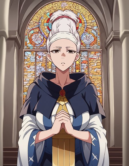 score_9, score_8_up, score_7_up, source_anime, <lora:seiko-ayase-alpha-ponyxl-lora-nochekaiser:1>, seiko ayase, long hair, large breasts, white hair, brown eyes,, <lora:buddhist-nun-ponyxl-lora-nochekaiser:1>, buddhist nun, nun, habit, vitakra mudra, mudra, coif, gold necklace, priestess,, church, parted lips, praying,, cowboy shot, , dutch angle, cowboy shot