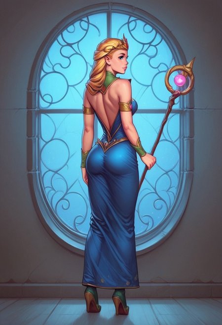1girl, (((back view))), from front, solo, illustration, comic style, highly detailed, skinny, model body, looking at viewer, masterpiece, best quality, 1girl, masterpiece, best quality, fayenchantress, 1girl, solo, blonde hair, long hair, blue eyes, (young beauty, fit body:1.3), ((((magic shining orb in staff right hand, opened magic book in left hand)))), ((((magic clothes, tiara)))), dynamic pose
<lora:FayEnchantress:0.9>
BREAK 
(((dark magic Observatory inside, night sky in window:1.6)))) score_9, score_8_up, score_7_up, score_6_up, source_cartoon, rating_explicit, Expressiveh, ((((full body))))), dynamic pose