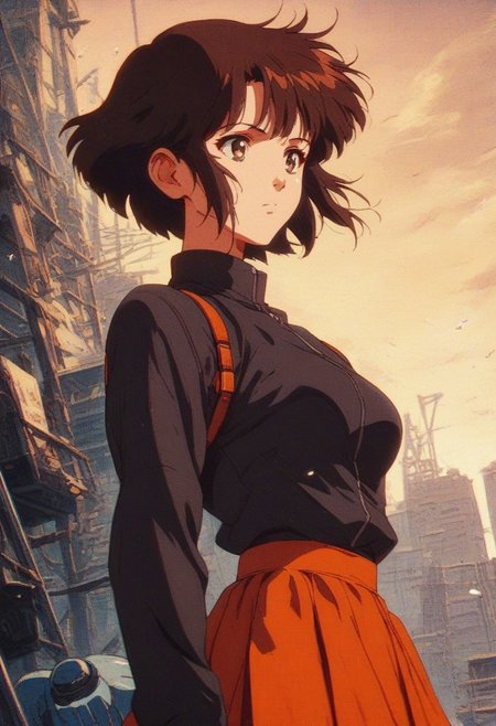 score_9, score_8_up, score_7_up, score_6_up, source_anime, 
1girl,Megumi <lora:KatoMegumi:1>,brown hair,katou megumi,brown eyes, short hair, orange skirt, medium breasts, in motion, equipment, straps, wind, stands spectacularly,beautiful angle, epic, atmospheric,high detail,
multi-layered background aura magical glow,  knva, halftone effect, retro artstyle, <lora:Kenva:0.8>