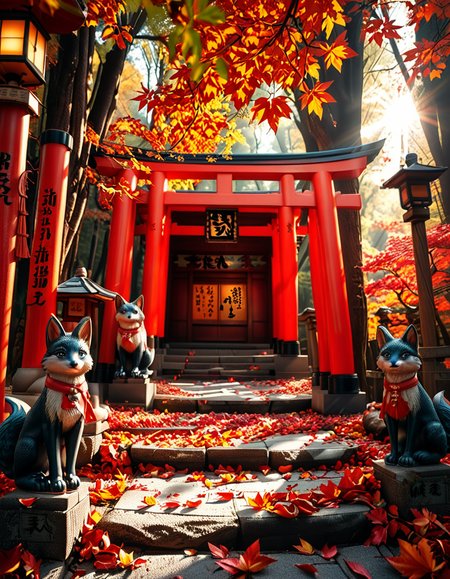 A breathtaking Inari shrine hidden within a serene Japanese forest during autumn. The scene is illuminated by the soft glow of traditional stone lanterns, casting warm golden light on the vibrant red torii gates that form a mesmerizing tunnel leading up the shrineâs stone steps. The ground is covered with delicate fallen maple leaves in shades of crimson, orange, and yellow. Kitsune (fox) statues with intricate details guard the entrance, wearing red bibs symbolizing their sacred role. The shrineâs wooden structure is adorned with ancient calligraphy and shimenawa ropes, exuding a mystical and spiritual atmosphere. Sunlight filters through the dense foliage, creating a tranquil interplay of light and shadow. The air feels crisp and filled with a sense of reverence and peace. The image is captured in a hyper-detailed, photorealistic style, with high dynamic range lighting enhancing the depth and richness of the colors.
<lora:SDXLFaeTastic2400:0.4> <lora:extremely_detailed:0.4> extremely detailed, <lora:Inari_shr1n3:1>,Inari shr1n3, Masterpiece,best quality,hi res,8k,hi res,8k,award winning,(sharp focus, intricate, highly detailed),