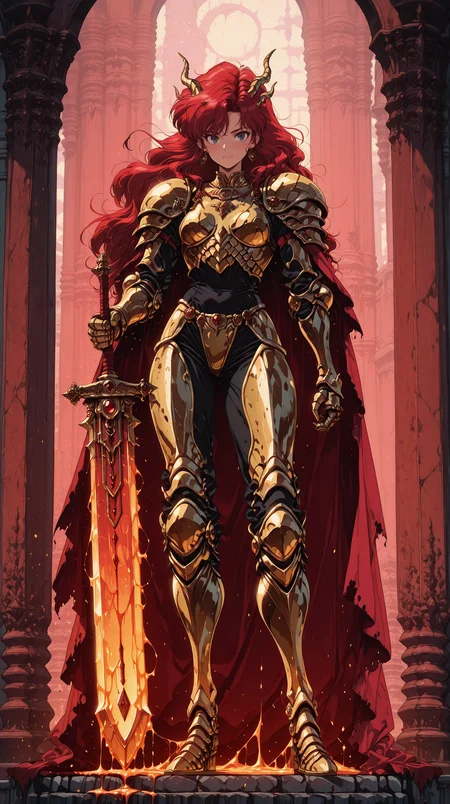 1girl, charred golden armor, intricate dragon motif, flowing crimson cape, wielding a massive molten greatsword masterpiece, best quality, amazing quality, very aesthetic, absurdres, detailed eyes, newest, <lora:PinkieRetroAnimeIL:1>, pinkretroanime, retro art,
