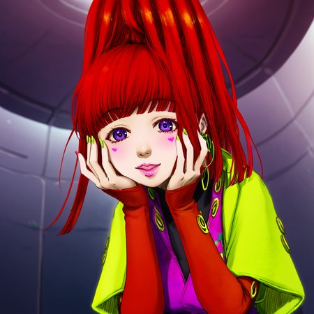 best quality, masterpiece, official artwork, 1girl, solo, sq,  red hair, jewelry, earrings, purple eyes, lips, nail polish, makeup, long hair, ponytail, jacket, dress, spaceship room background, flashy, social, flirty face, hands on face, blush, realistic