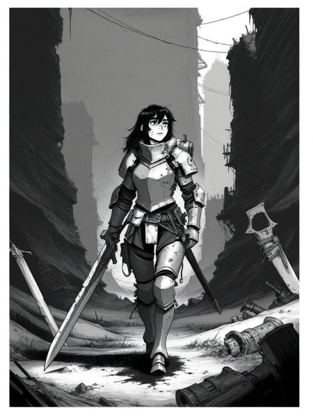  Remove Use these settings1girl,Heavily armored warrior, large sword, post-apocalyptic, black and white illustration, ink art, gritty style, desolate landscape, detailed gear, fantasy warrior,INK ,monochrome, greyscale, solo, gun, comic art, , black and white illustration,