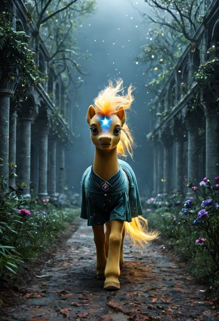 high detail, sfw, a young woman walking through a surreal cosmic garden, her dress made of expanding nebulas and fading star trails, plants formed of glowing dust and fragments of constellations, "Galaxy Pony"