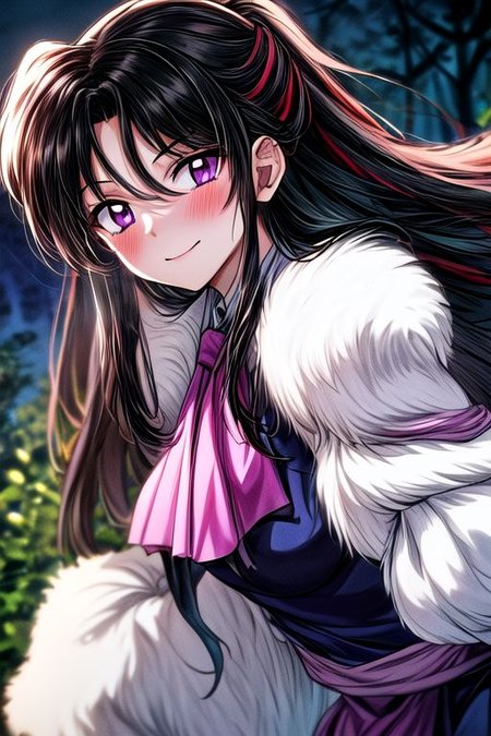 masterpiece,  best quality 1girl Setsun4 solo long hair,  (night time) forest background black hair very long hair purple eyes multicolored hair armor (fur trim) (medium body),<lora:EMS-179-EMS:0.800000>,<lora:EMS-293862-EMS:0.800000> bow, hair_bow, hair_tubes, red_bow, brown_hair, long_hair, bangs, ascot, frilled_bow, yellow_ascot, blush, smile, hair_between_eyes, athletic, armor