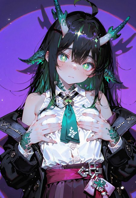 looking at viewer,bust shot

Shy,blush,hands squish breast

1 girl,petite,loose unruly messy hair,messy bangs,black hair,green accents hair,fair skin,dragon horns,green eyes, sparkling eyes,freckles,ahoge

Large Black coat with green accent,coat hanging sleeves,white sleeveless buttoned shirt tucked in,green tie, exposed shoulder

Color background, bright purple background,shadow, light from front,glimmer, scales design, sparkling,spotlight,anaglyph effect

Cunnystyle,748cmstyle,Smooth_Quality,masterpiece,best quality,amazing quality, aesthetic,bright colors,bold lines
