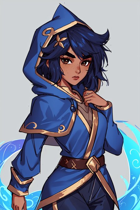 taliyah, SSG taliyah, taliyah SSG, SSG, 1girl, short hair, bangs, blue hair, hair ornament, long sleeves, hood, blue hood, blue clothes, brown eyes, pants, dark skin, dark-skinned female, 
thick eyebrows, freckles, <lora:taliyah-21:0.5>