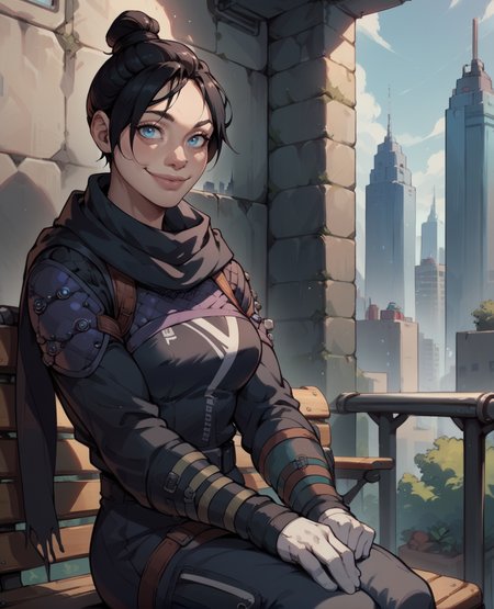 score_9,score_8_up,score_7_up,
wraithxl,black hair,single hair bun,looking at viewer,blue eyes,
scarf,nose piercing,black shirt,long sleeves,white gloves,
smile, 
sitting,  bench, 
science fiction,wall,outdoors,cityscape,
<lora:wraith:0.8>,
