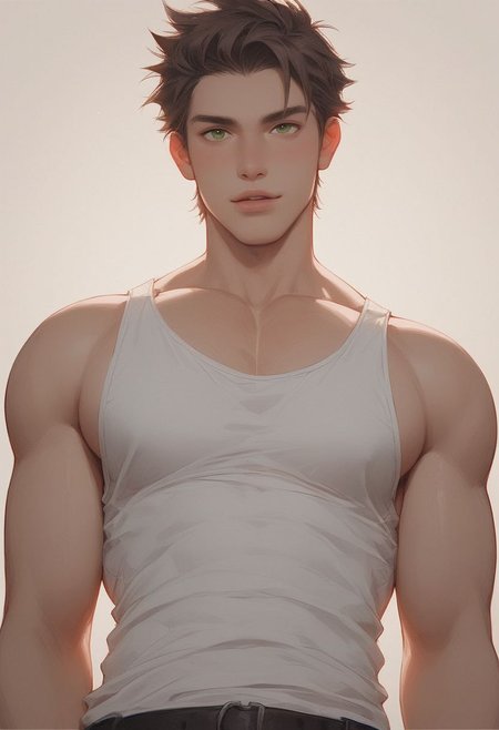 score_9, score_8_up, score_8, 1boy, 20 years old, handsome, horny, short brown hair, green eyes, Seductive look, white tank top hiked up over pecs, no pants, medium chest, one pec out, hold pecs, pov from below, lucy heartfilia, gay, homoerotic,
