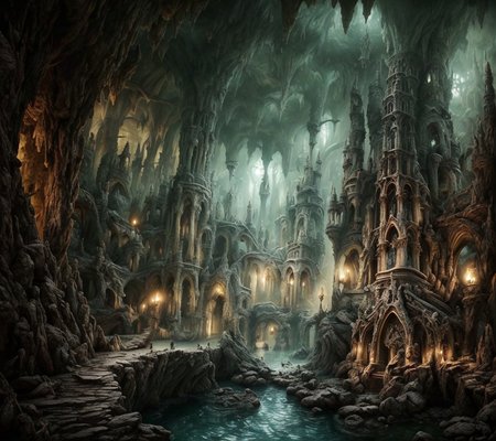 RAW photo, (masterpiece:1.3), subsurface scattering, heavy shadow, (high quality:1.4), (intricate, high detail:1.2), professional photography, HDR, High Dynamic Range, realistic, ultra realistic, photorealistic, high resolution, film photography, ambient lighting, atmospheric effects, <lora:detail_slider_v4:2>, OverallDetail,  DarkElves, bats, a fantasy castle with towers in a cave,  gothic architecture, spikes, <lora:DarkElves-10:1>, epiCPhoto