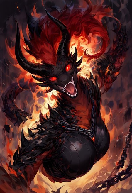 score_9, score_8_up, score_7_up, (Style-Volumetric:1.3), (4k quality, masterpiece, high resolution, more details),  Floating, hanging in the air,, realistic, realistic anatomy, dark aura, 1 girl, female, female dragon, anthropomorphic dragon, dragon's head, full body, hyper realistic dragon head, spiked crest on the head, in full growth, hovering in the air, a dynamic pose, wearing black armor with a gold pattern, big black demonic wings on his back, black scales, predatory fiery red eyes, detailed eyes, vertical pupil, narrow pupil, black tears, four black horns on the head, (medium breast, natural breast), scales in cracks, (head tilt), head tilted back, shaft head tilt, open mouth, abstract background, glowing eyes, fangs, grin, tongue out, snake tongue, gloomy colors, dark aura, horror, a view from afar,