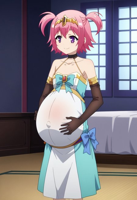 best quality, masterpiece, 4k, perfect lighting, very aesthetic, anime, anime coloring, official art, anime screencap, bedroom, happy, smile, hands on belly,
fFaceDetail, EyeDetail,
(large pregnant belly:1.5)
<lora:MasterofRagnarok:1>, linnea, purple eyes, pink hair, short hair, two side up, choker, black gloves, elbow gloves, bow, (dress:1.5), flat chest
(covered belly:1.5), (pregnancy clothes:1.5)
