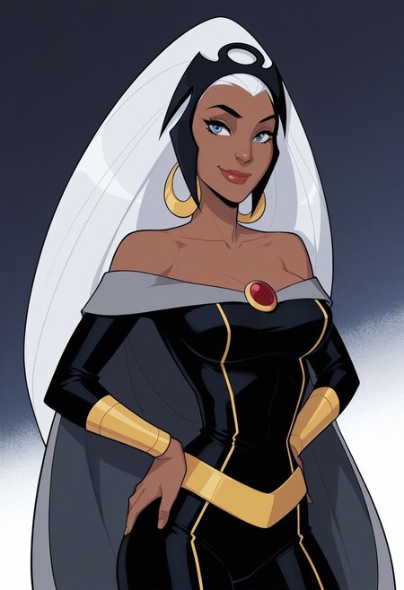 White background, simple background, solid color background, 2d, medium breasts, narrow waist, wide hips,
 1girl, solo, Marvel, Ororo Munroe, dark-skinned female, dark skin, ebony, ebony female, white hair, long hair, big hair, black tiara, headgear, blue eyes, hoop earrings, gold earrings, lipstick, collarbone, off shoulders, bare shoulders, pendent, grey cape, dark blue bodysuit, yellow trim, yellow belt, gold bracers, bare hands, 
Upper body, looking at viewer, hands on hips, smile, close mouth, thighs, yellow trim