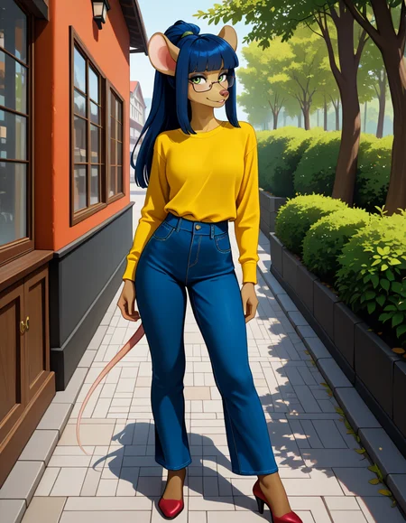 masterpiece, best quality, very aesthetic, absurdres,
outdoors,casual, 
full body, standing, posing, 
seductive smile, parted lips, long eyelashes,
<lora:Dewey_Teagarden_v01_NAIXL:1>
D3w3y,1girl,solo,furry,furry female,mouse girl,mouse ears,long hair,blue hair,high ponytail,sidelocks,blunt bangs,green eyes,semi-rimless eyewear,snout,animal nose,body fur,yellow fur,mouse tail,