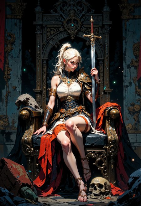 cinematic photo. Image is a digital painting featuring a fantasy-themed scene. The layout is vertical, focusing on a central female figure seated on a large, ornate stone throne. The woman has fair skin and long, white hair styled in a high ponytail. She wears a white, sleeveless tunic with a brown leather belt and arm guards. Her expression is confident and relaxed, with a slight smirk. A large sword rests across her lap, its blade extending diagonally across the image. The background is dark, enhancing the dramatic lighting on the subject. A red cloth drapes over the arm of the throne, and a skull with a gas mask-like appearance is positioned in the foreground, adding to the fantasy and slightly dystopian atmosphere. 35mm photograph, film, bokeh, professional, 4k, highly detailed
<lora:Anime v1.3:0.6> <lora:VividlySurreal:0.6> <lora:FLUX-daubrez-DB4RZ-v2:0.4>  <lora:FluxMythP0rtr4itStyle:0.6>