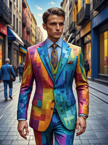 man wearing a colorful mad-tilestyle suit walking through city <lora:Colorful_Tile_Style_SDXL:1>, (masterpiece:1.2), best quality, (hyperdetailed, highest detailed:1.2), high resolution textures